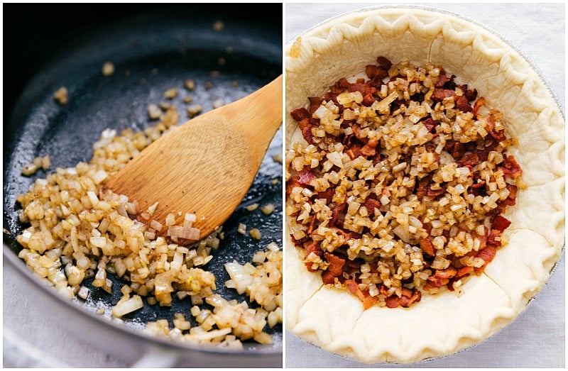 Onions being cooked and put in pie crust with bacon.