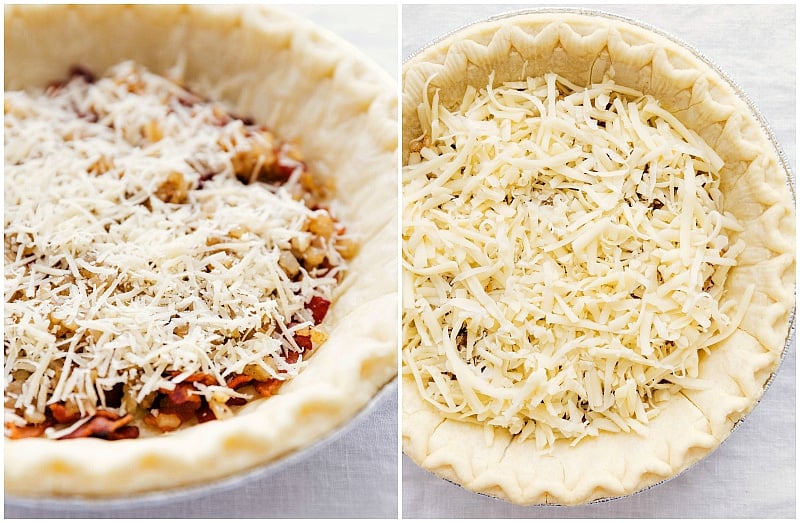 Parmesan and Swiss cheese being added to the frozen pie crust.