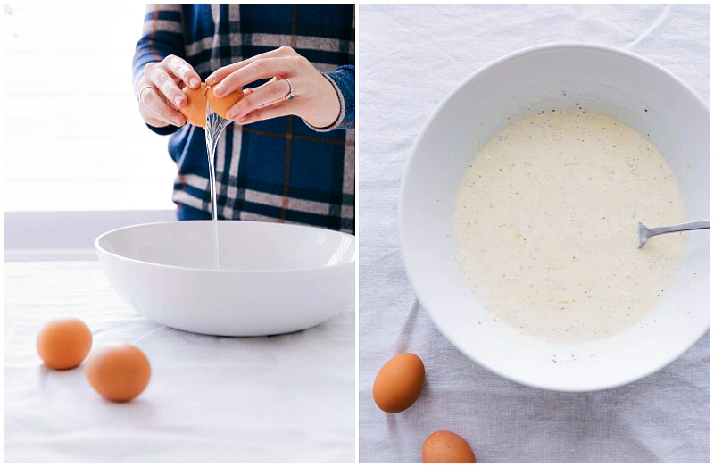 Process shots of making classic Quiche Lorraine: eggs being cracked and mixed with cream.
