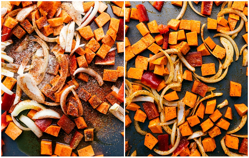 Peppers, sweet potatoes and onions with spices being roasted.