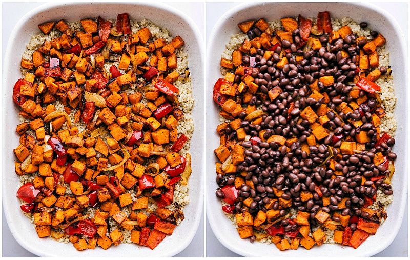 Process shot of quinoa, vegetables and beans being added to a casserole dish.