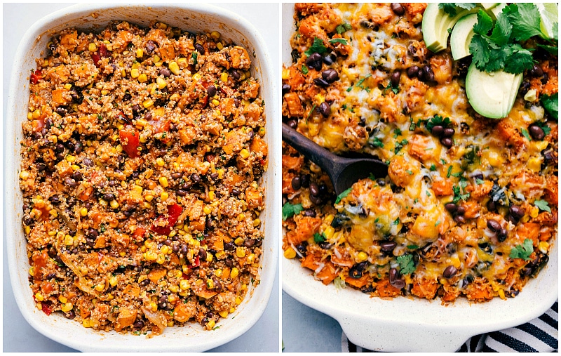 Quinoa Enchilada Bake: everything mix and assembled and then the finished shot.