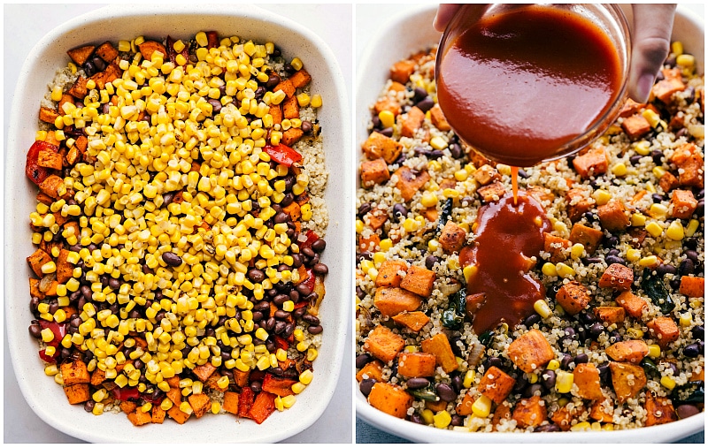 Corn being added and enchilada sauce being poured over top of the casserole.