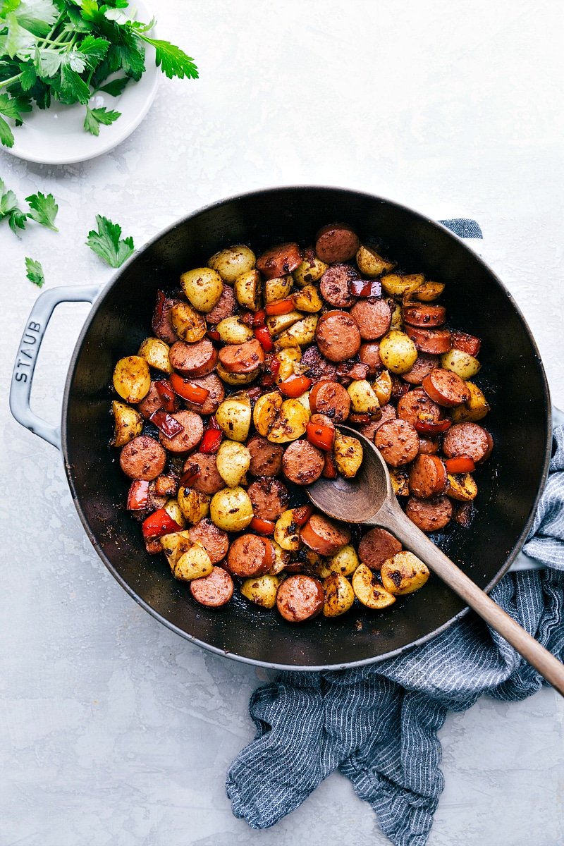 Overhead photo of Sausage and Potatoes Skillet Meal.