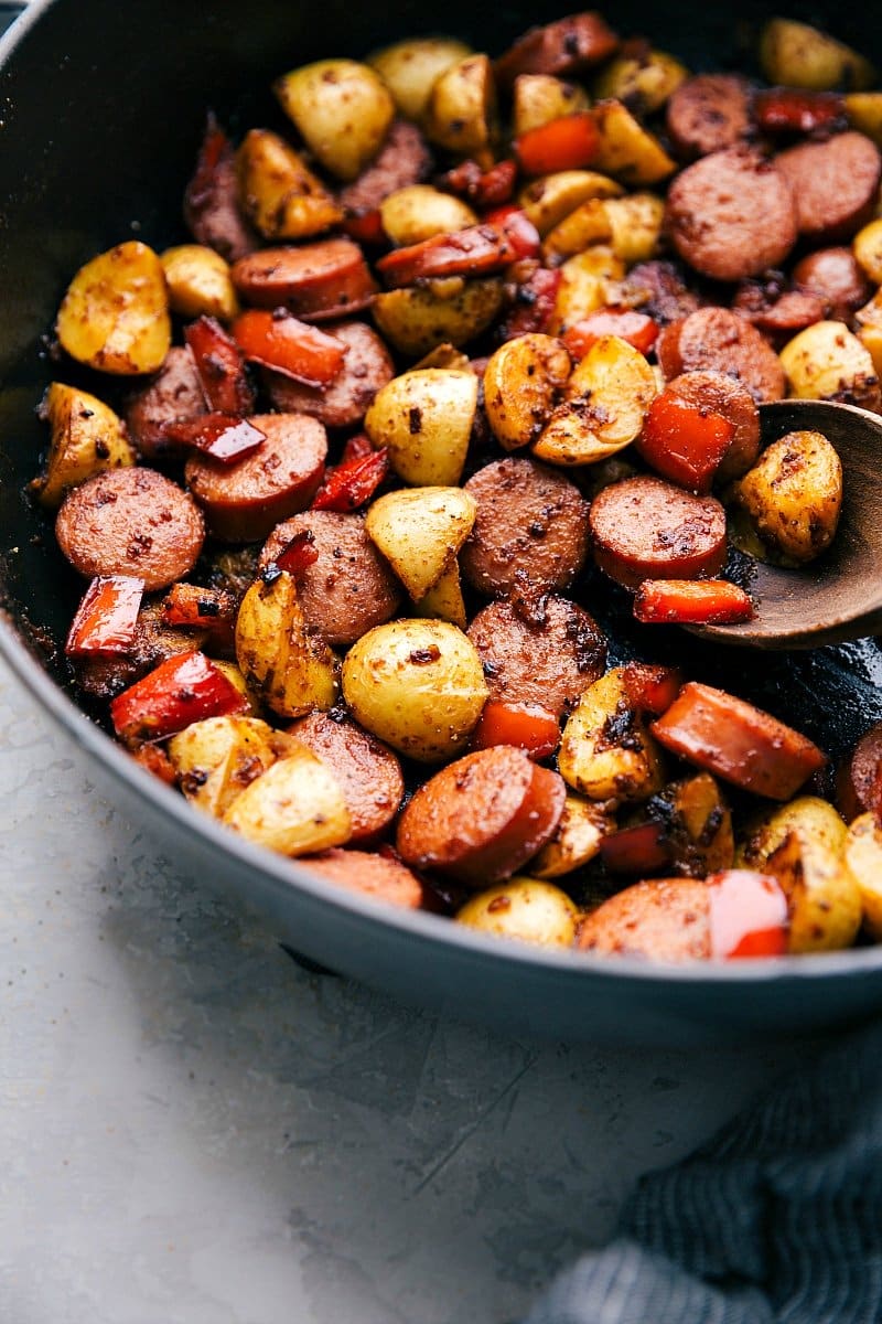 Close-up detail shot of Sausage and Potatoes Skillet.