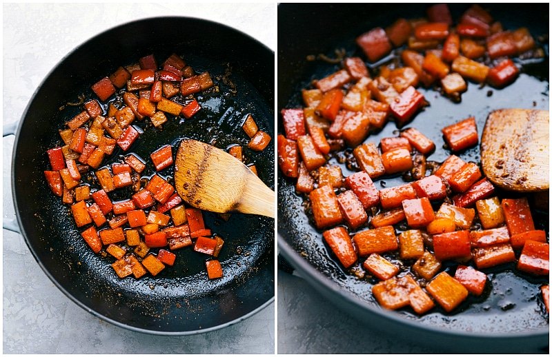 Image of the red bell peppers being sautéed for this Sausage and Potatoes Skillet meal.