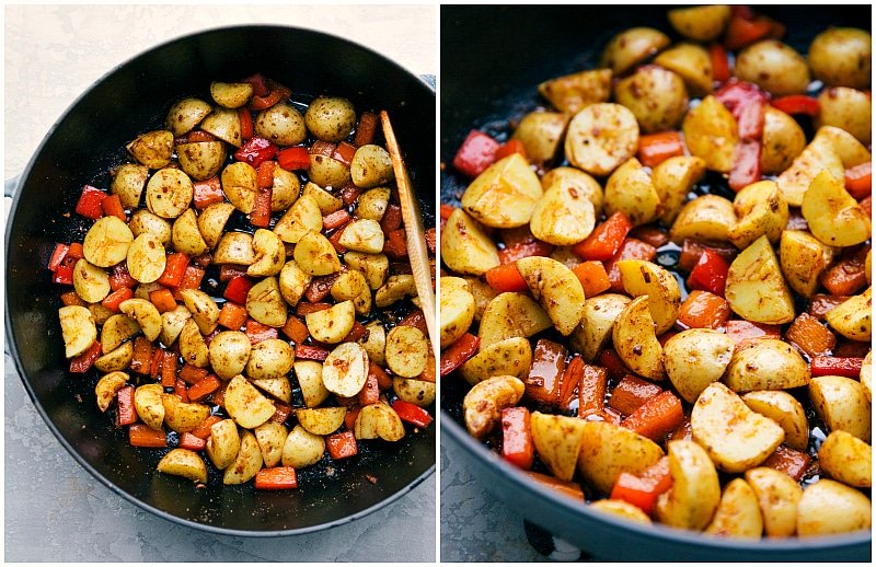 Image of the potatoes being added to the sautéed peppers where they'll all cook together for this Potato and Sausage Skillet Meal.