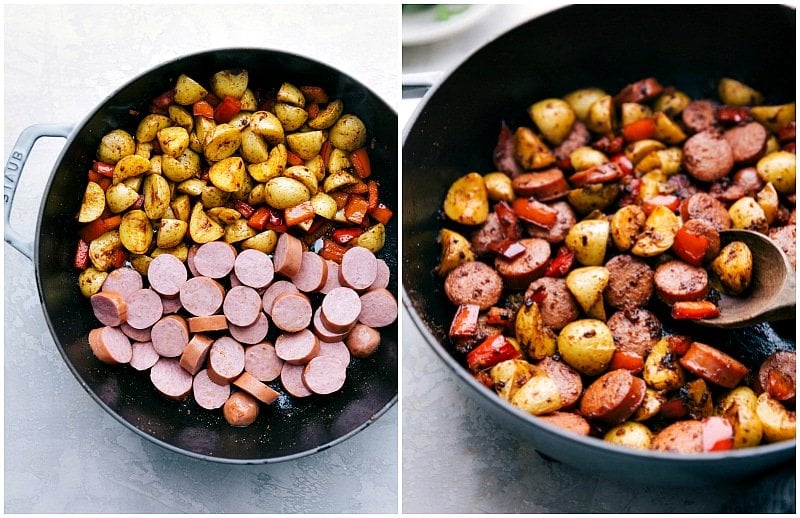 Image of the sausage being added to the peppers and potatoes for this Sausage and Potatoes Skillet Meal.