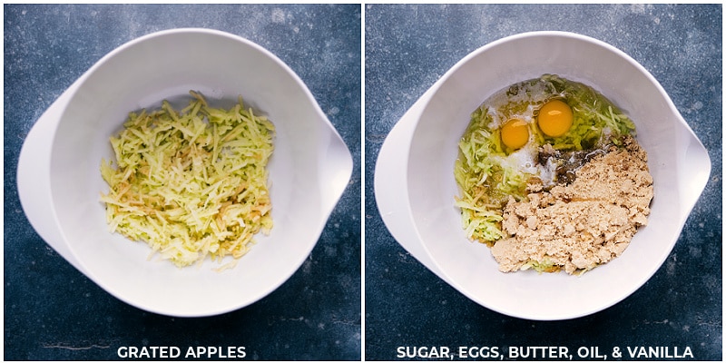 Process shots of apple bread-- images of the grated apples, sugar, eggs, butter, oil, and vanilla being added