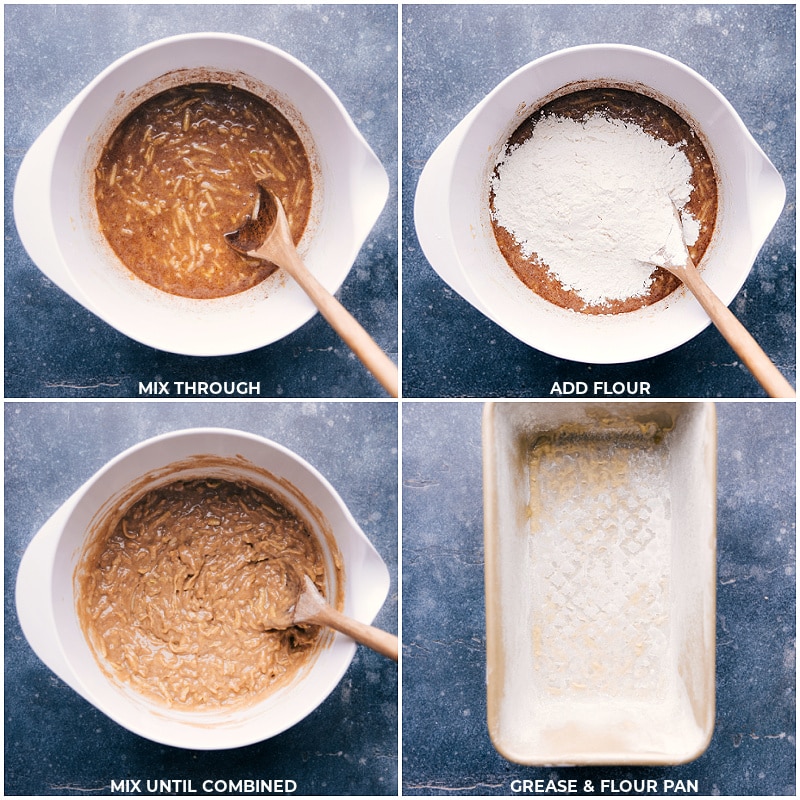 Process shots of apple bread-- images of the flour being mixed through and the bread pan being prepared