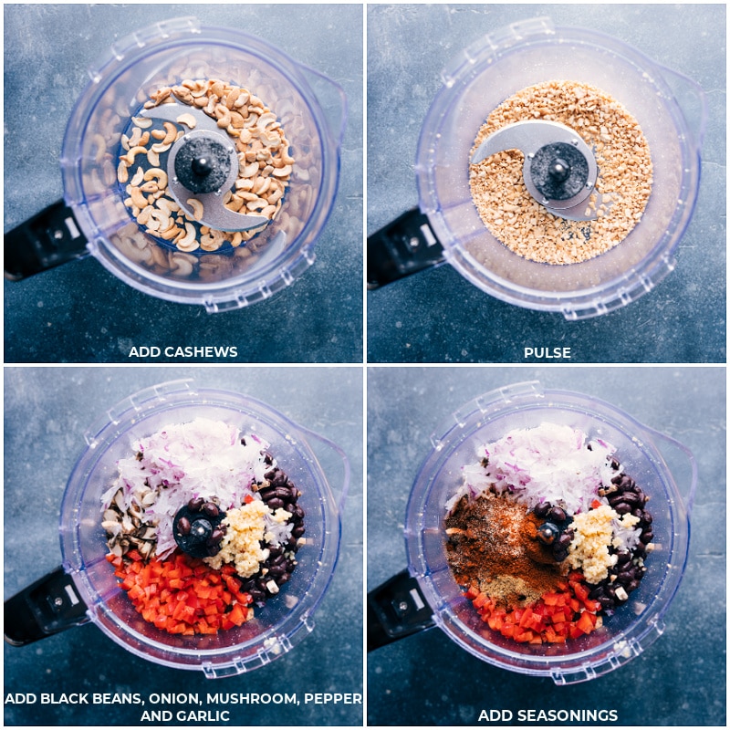 Ingredients including cashews, black beans, onion, mushroom, pepper, garlic, and seasonings being added to a food processor for the black bean burger recipe.
