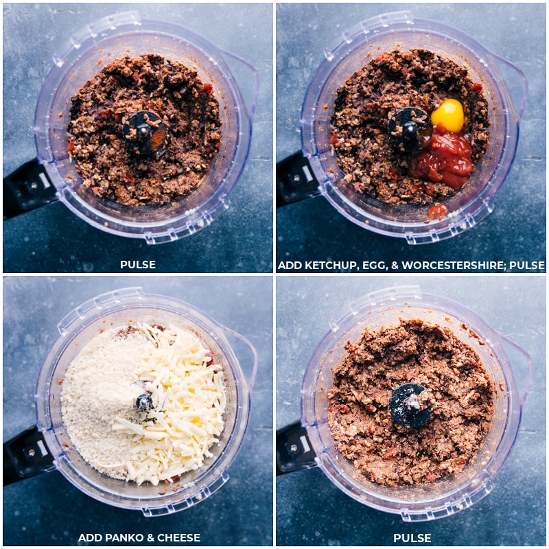 Process shots of black bean burger-- images of the ketchup, egg, Worcestershire, Panko, and cheese