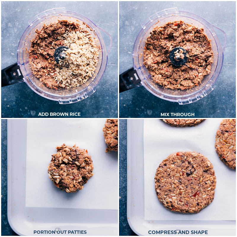 Adding brown rice to the mixture and shaping the patties by hand.