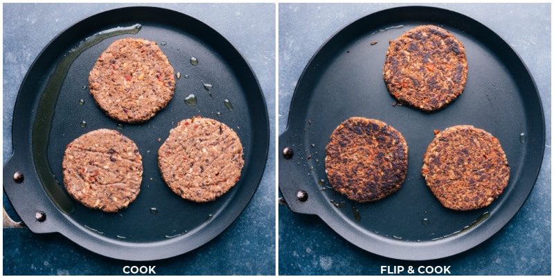 Flipping and cooking the finished black bean burgers on a grill until golden brown and fully cooked, with a crispy exterior.