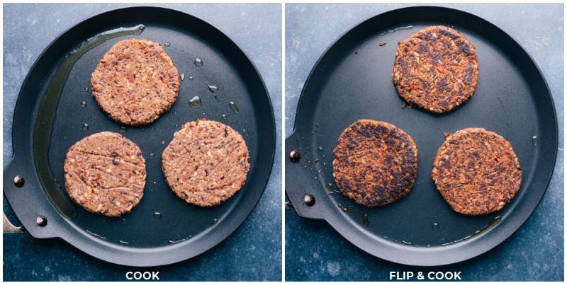 Black Bean Burger being flipped and cooked through.