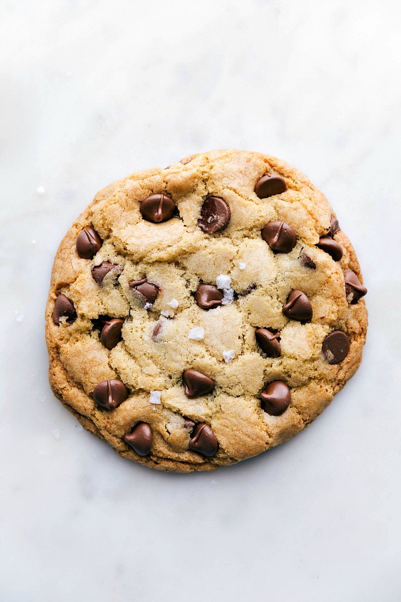 Overhead photo of a Bakery-Style Chocolate Chip Cookie fresh out of the oven.