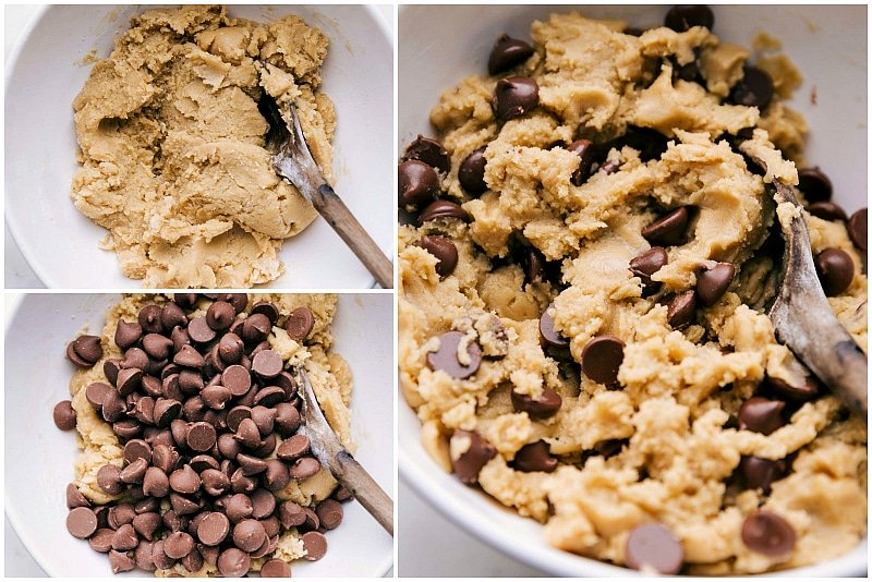 Cookie dough and the chocolate chips being added to these Bakery-Style Chocolate Chip Cookies.