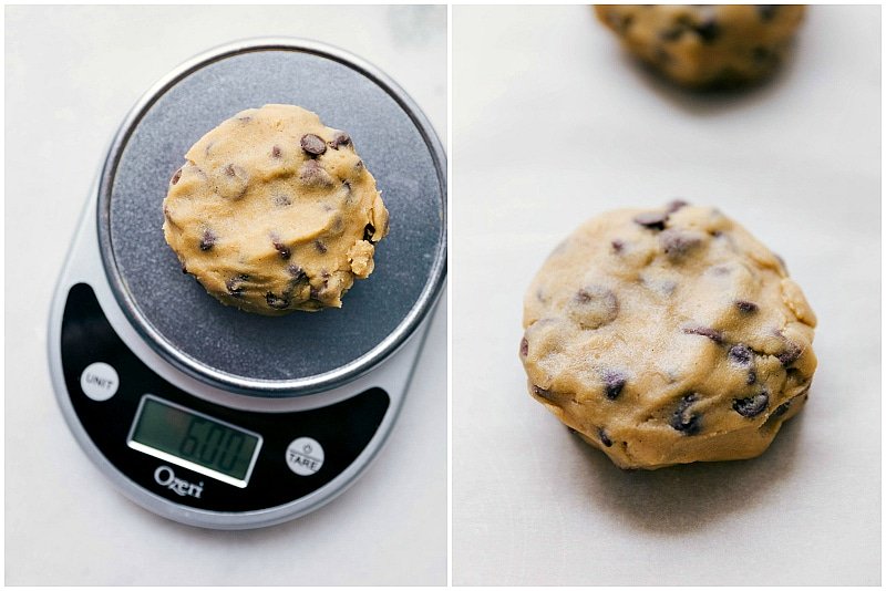 Image of the cookie dough on a scale, showing how big the dough balls should be for these Bakery-Style Chocolate Chip Cookies.