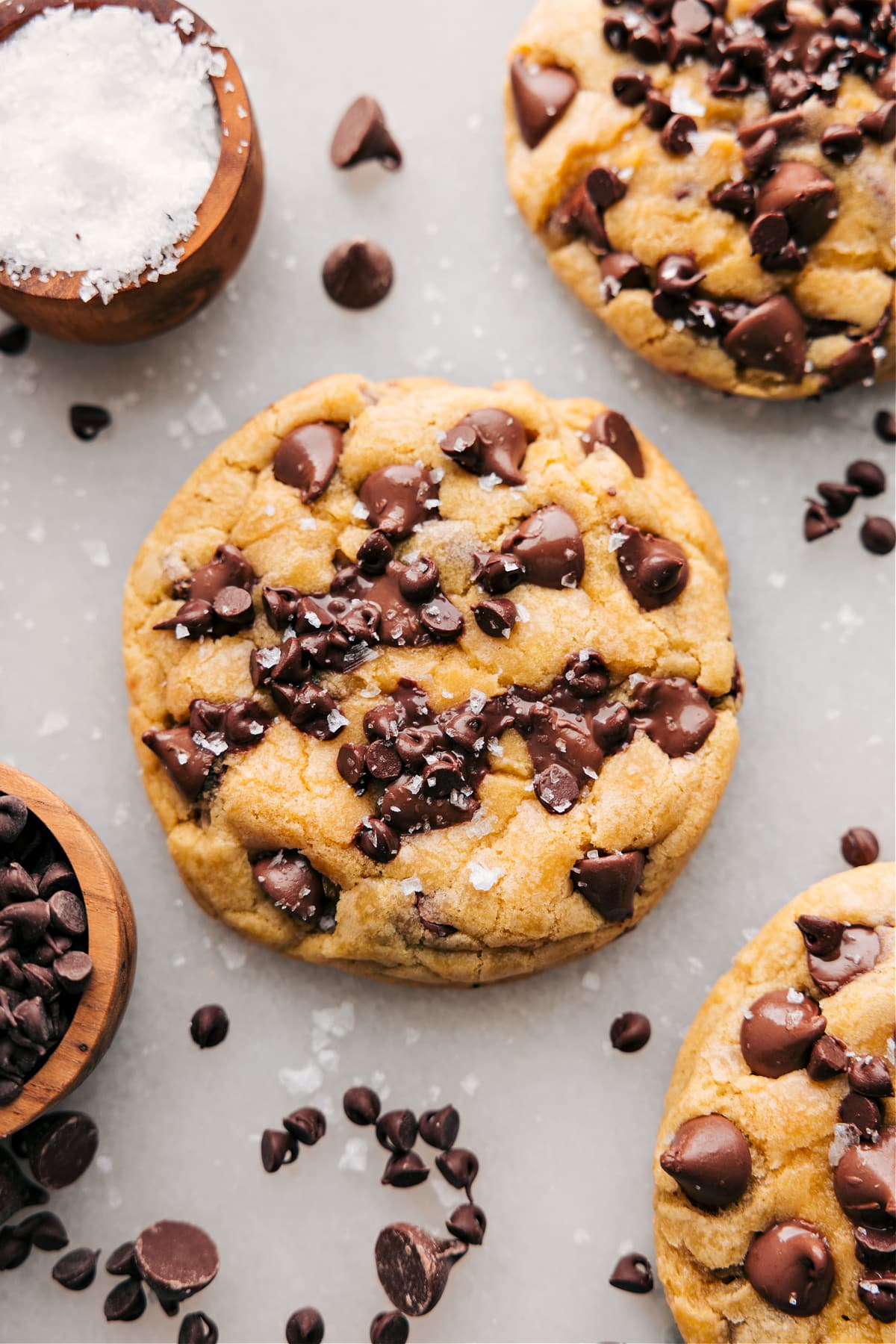Freshly baked bakery-style chocolate chip cookies topped with flaky sea salt.