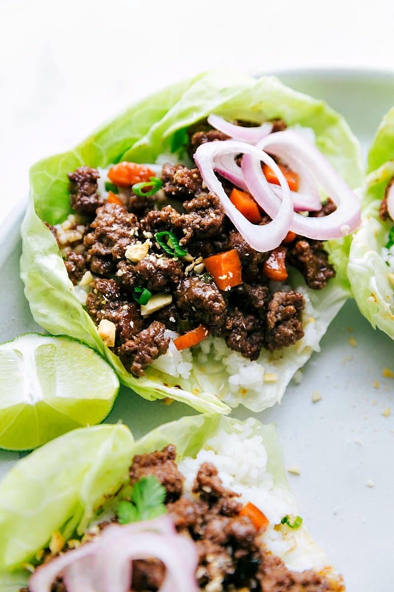 Finished Beef Lettuce Wraps with Fresh Toppings The finished beef lettuce wraps, beautifully presented with fresh toppings and packed with delicious, savory flavor.