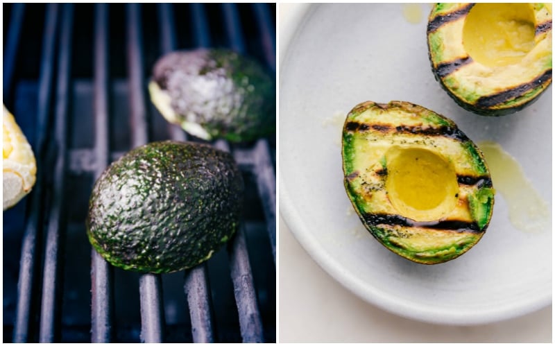 Process shots for preparing grilled avocados.