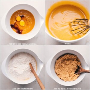 Adding eggs, egg yolk, and vanilla to the dry ingredients for Snickerdoodle cookies preparation.