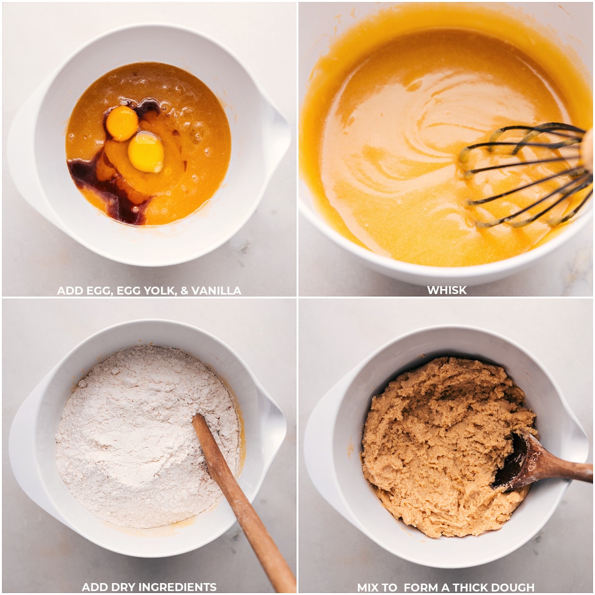 Adding eggs, egg yolk, and vanilla to the dry ingredients in a bowl to finish making the dough.