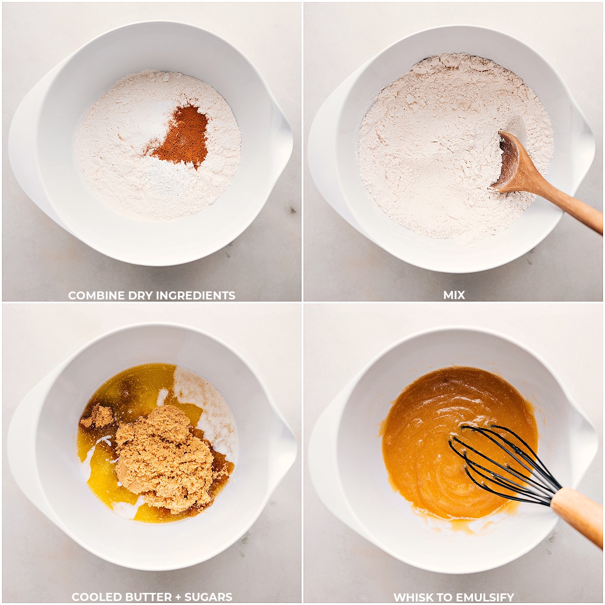 Dry ingredients being meticulously mixed with added butter for the creation of caramel stuffed snickerdoodles.