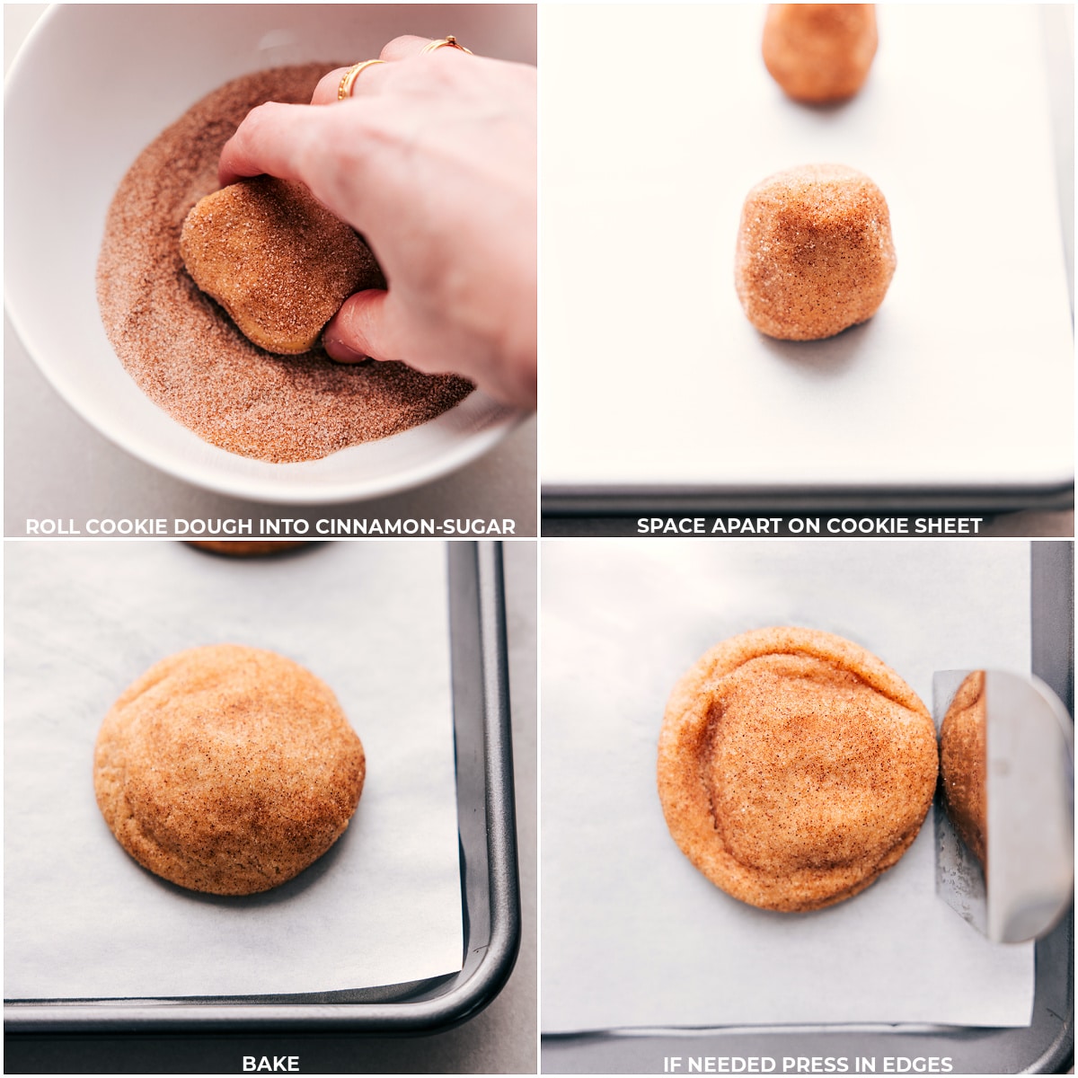 Snickerdoodle dough being shaped, coated in cinnamon sugar, and baked to perfection on a baking sheet for a delicious recipe.
