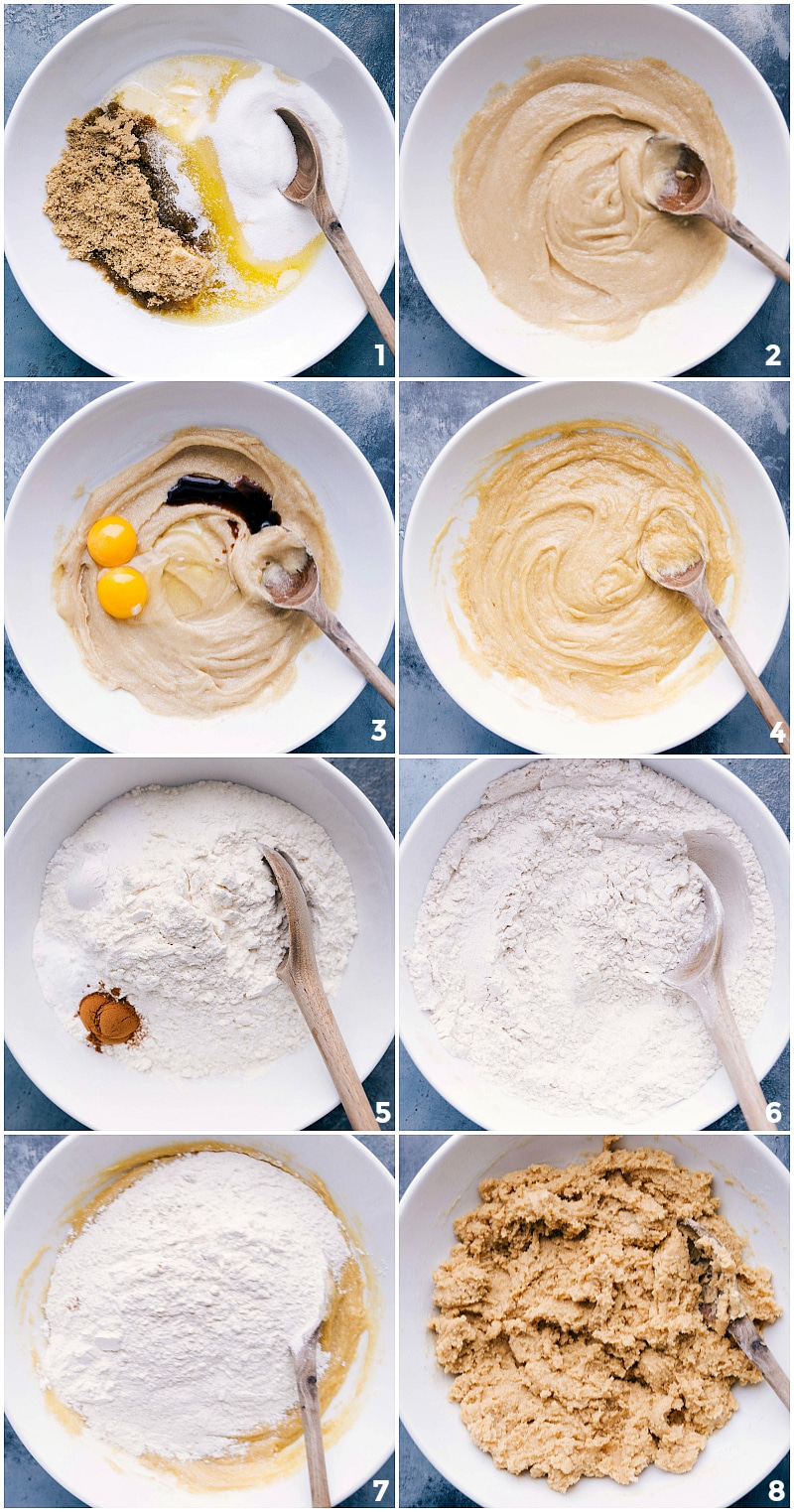 Process shots-- images of the dough being made, showing all the ingredients and them being mixed together.