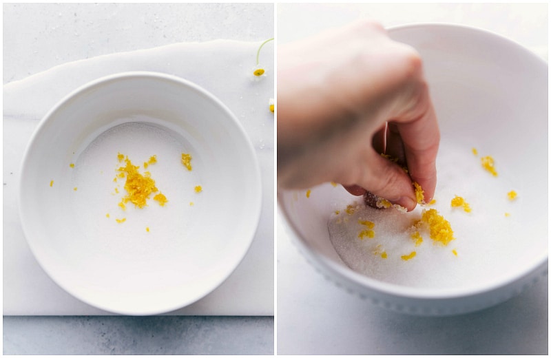 Lemon zest and other dry ingredients being added to a bowl for Strawberry Shortcake.