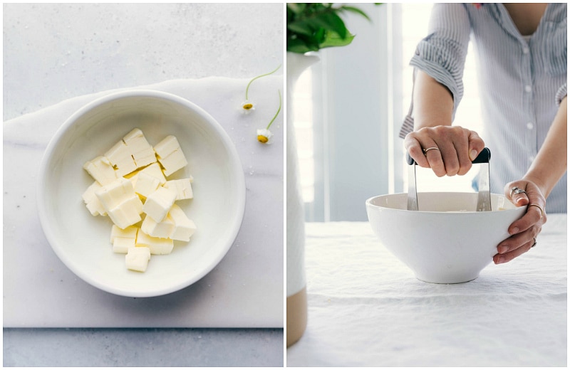 Image of the cubed butter and the pastry cutter blending the butter into the dry ingredients.