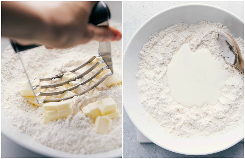 Image of the butter being cut into the flour; wet ingredients being added to the dry for Strawberry Shortcakes.
