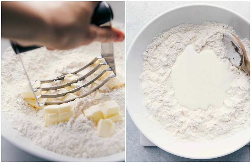 Butter being cut into flour and wet ingredients added to the dry mix for the strawberry shortcake recipe.