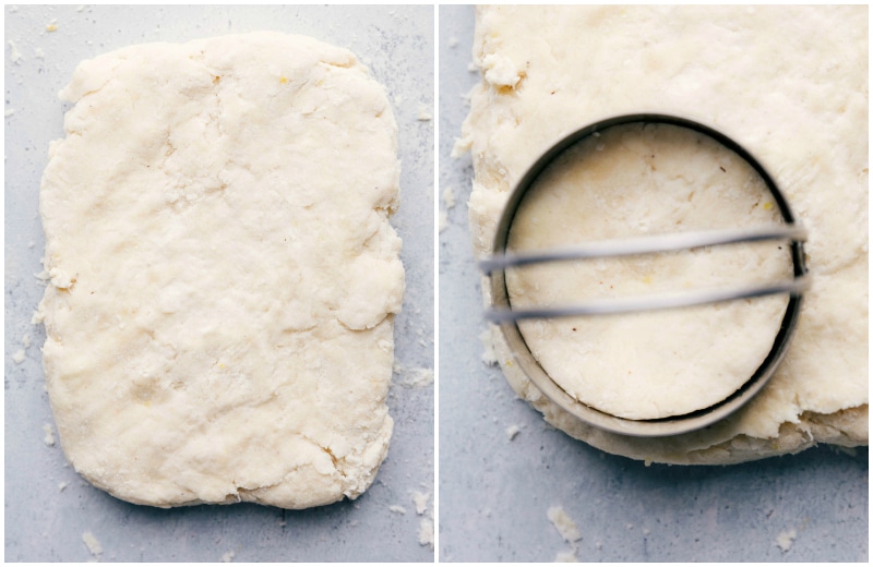 Dough cutter making a perfect circle in the dough for a precisely shaped biscuit.