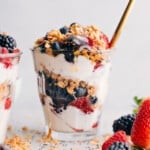 Yogurt Parfait Recipe in a cup showing all the layers.