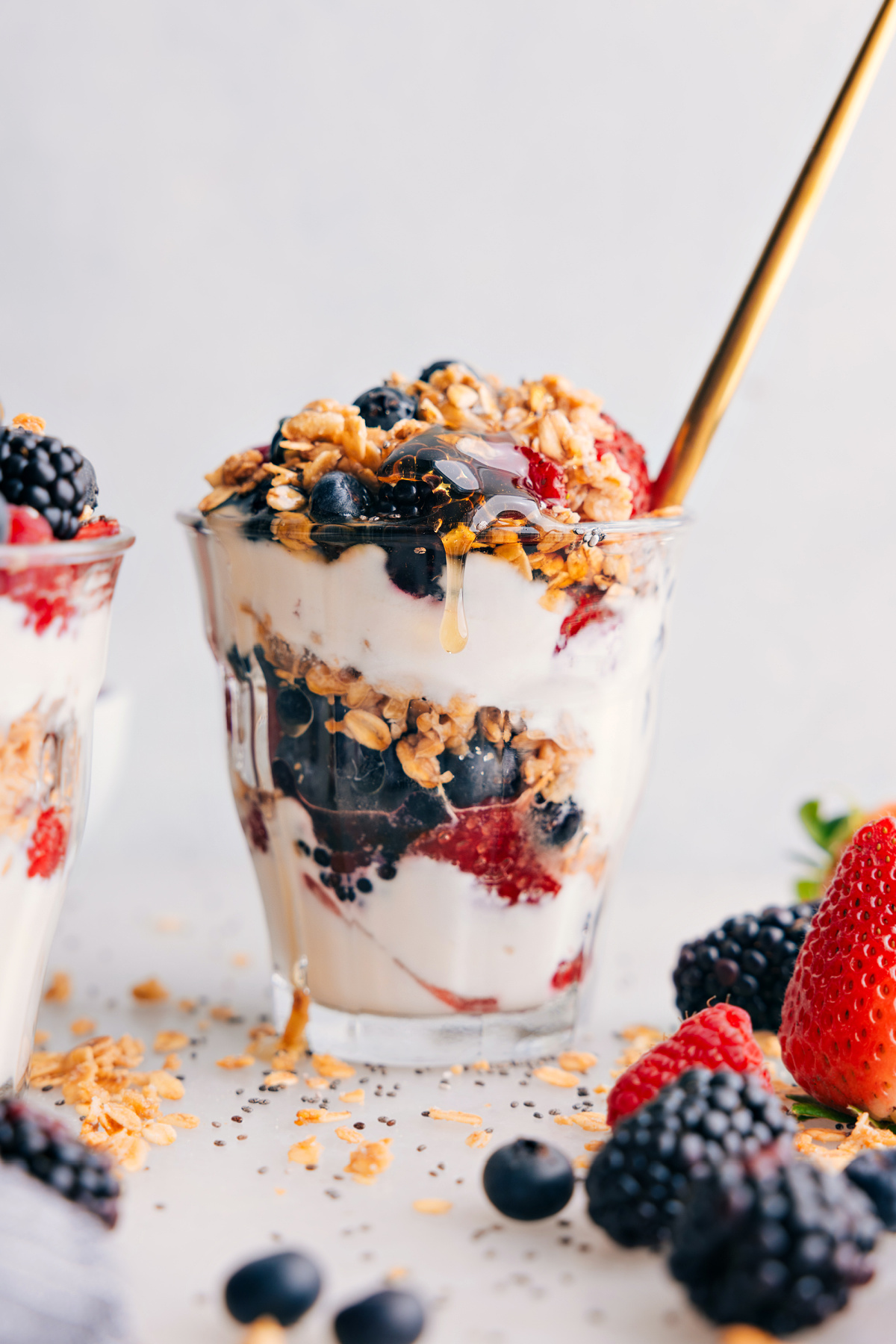 Yogurt Parfait Recipe in a cup showing all the layers.