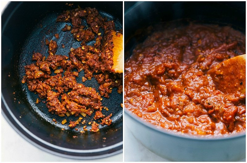 Blooming spices in hot oil and making tomato sauce, creating a rich and aromatic base for the recipe.