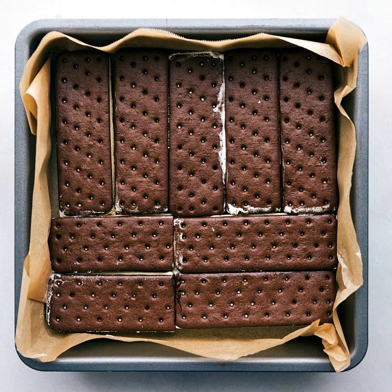 Ice cream sandwiches lined into the pan for the base layer of this frozen cake.