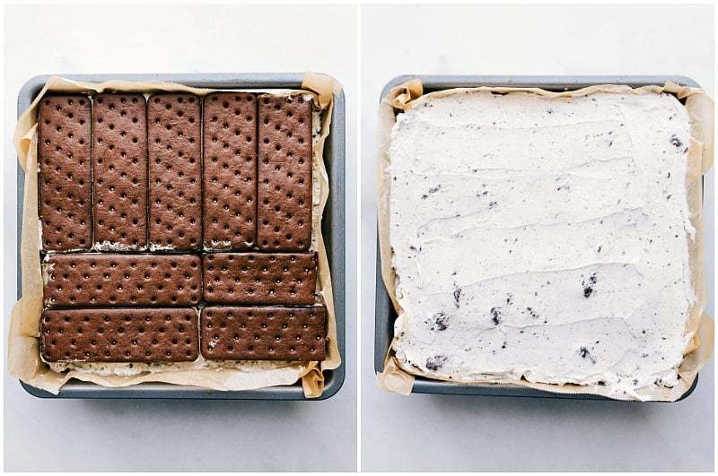 Process shot-- Image of the final ice cream sandwich and ice cream layers for this easy Ice Cream Sandwich cake.