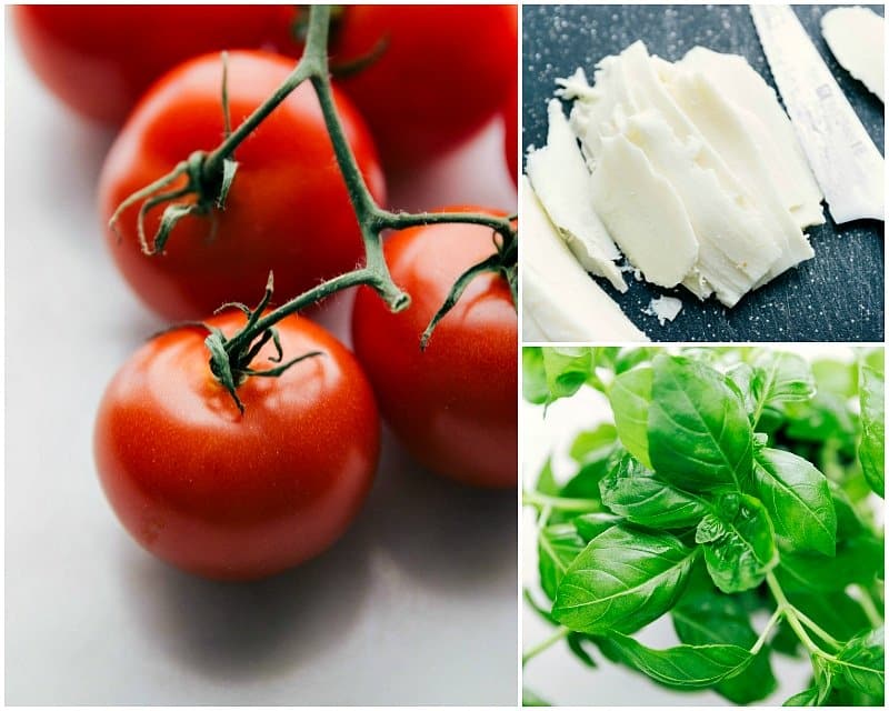 Process shot-- Image of the tomatos, mozzarella cheese, and basil that go into this Margherita pizza recipe