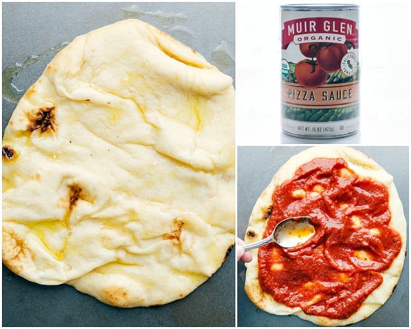 Process shot-- image of the pizza sauce being spread on the naan bread.