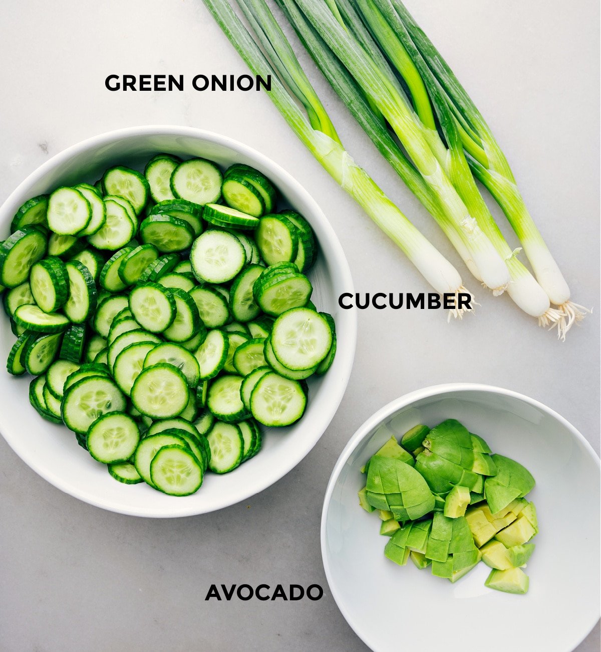 The 3-ingredients in this simple salad prepped out for easy assembly.