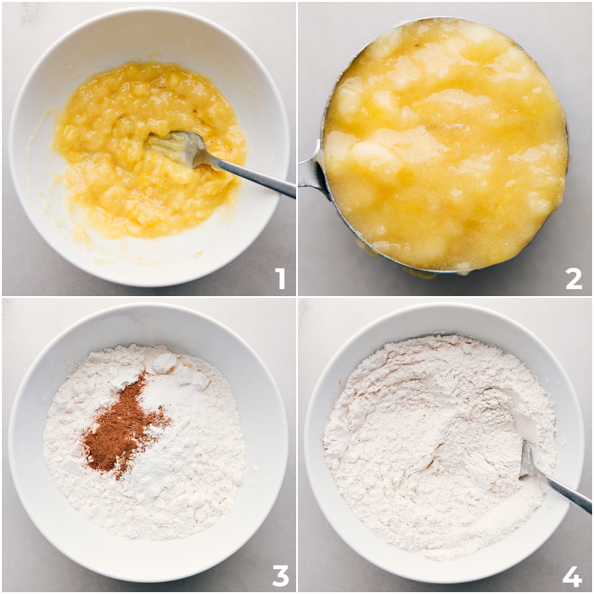 Banana being mashed and measured, with all the dry ingredients in a bowl for the banana pancake recipe.