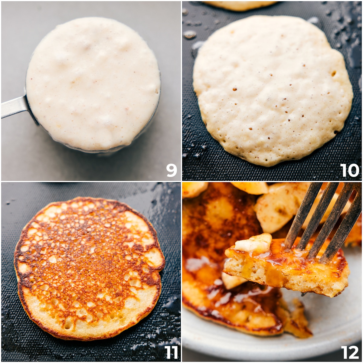 The easy banana pancakes being cooked on a skillet.