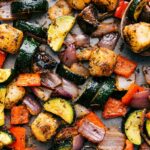 Baked Gnocchi with vegetables, still on the sheet pan, fresh out of the oven.