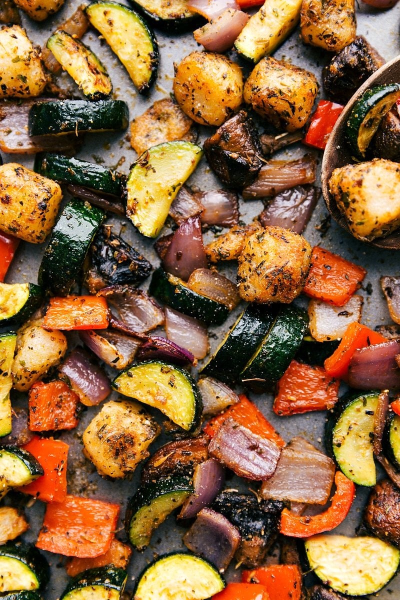 Baked Gnocchi with vegetables, still on the sheet pan, fresh out of the oven.