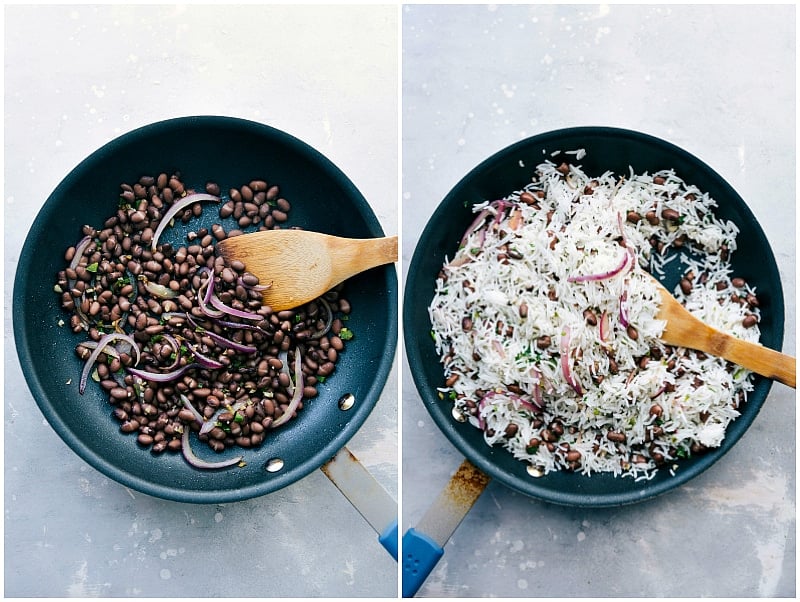 Mixing black beans, red onions, and rice together to create a flavorful and hearty meal base.