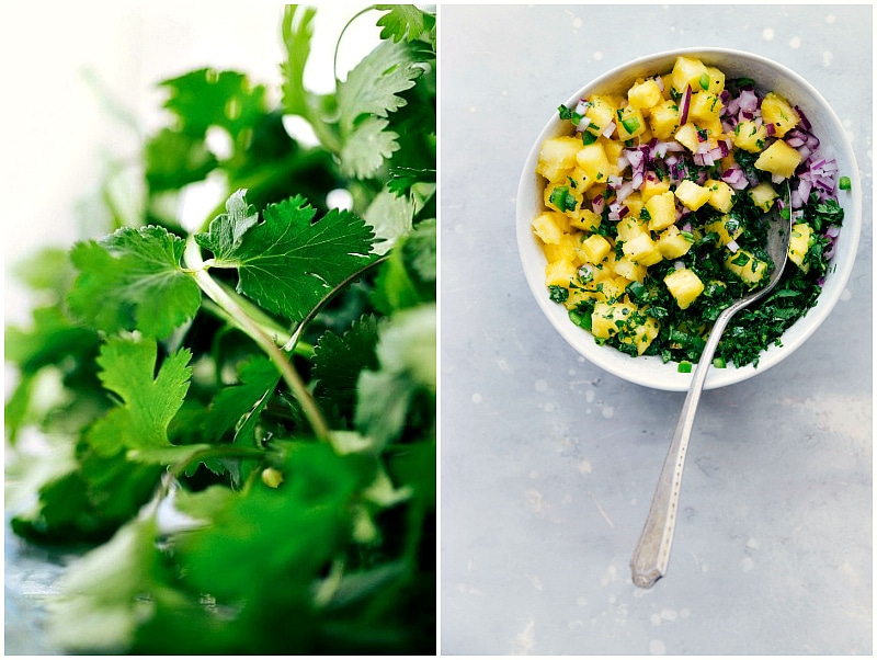 A bowl of pineapple salsa with the addition of fresh cilantro leaves, enhancing the flavor and presentation of this zesty salsa.