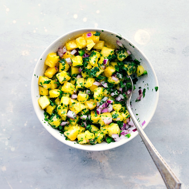 Overhead image of the pineapple salsa that goes with the Blackened Tilapia dinner.